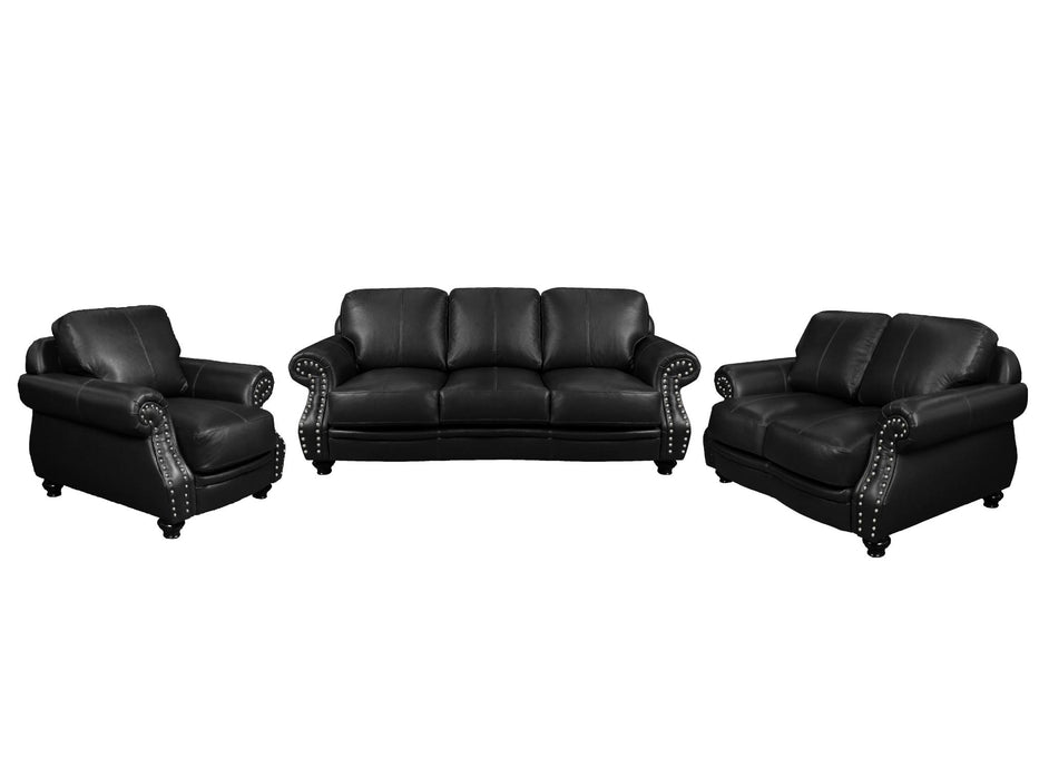 Sunset Trading Charleston 3 Piece Top Grain Leather Living Room Set | Black Rolled Arm Sofa Loveseat and Chair with Nailheads
