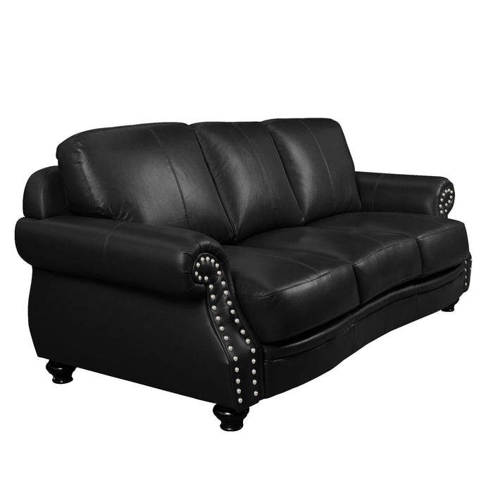 Sunset Trading Charleston 86" Wide Top Grain Leather Sofa | Black 3 Seater Rolled Arm Couch with Nailheads