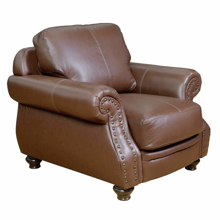 Sunset Trading Charleston 42" Wide Top Grain Leather Armchair | Chestnut Brown Rolled Arm Accent Chair with Nailheads