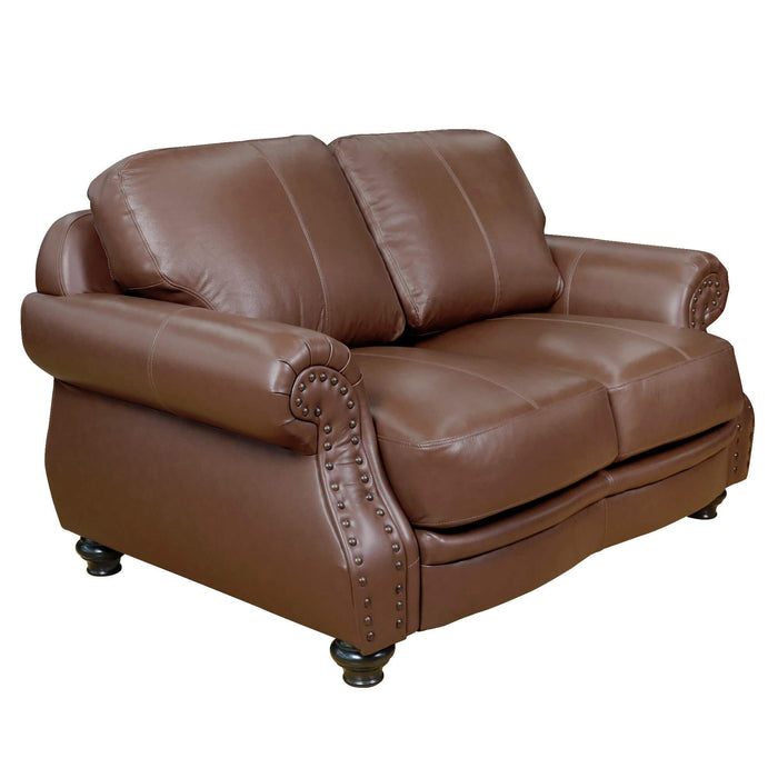 Sunset Trading Charleston 63" Wide Top Grain Leather Loveseat | Chestnut Brown Rolled Arm Small Couch with Nailheads