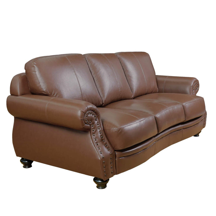 Sunset Trading Charleston 86" Wide Top Grain Leather Sofa | Chestnut Brown 3 Seater Rolled Arm Couch with Nailheads