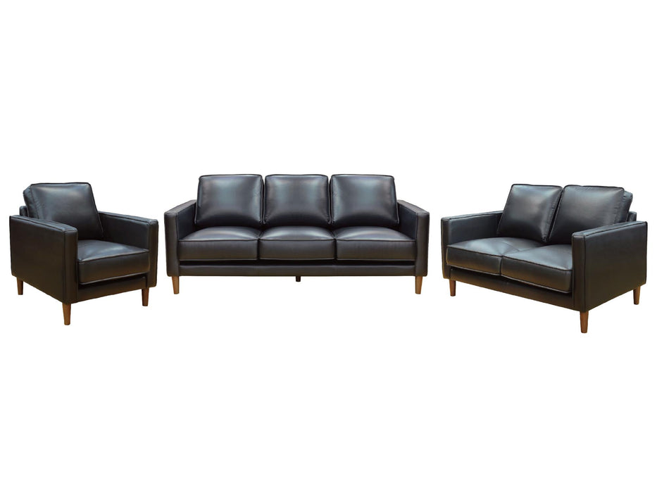 Sunset Trading Prelude 3 Piece Black Top Grain Leather Living Room Set | Mid Century Modern Sofa Loveseat and Chair