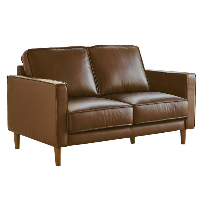 Sunset Trading Prelude 55" Wide Top Grain Leather Loveseat | Chestnut Brown | Mid Century Modern Small Couch