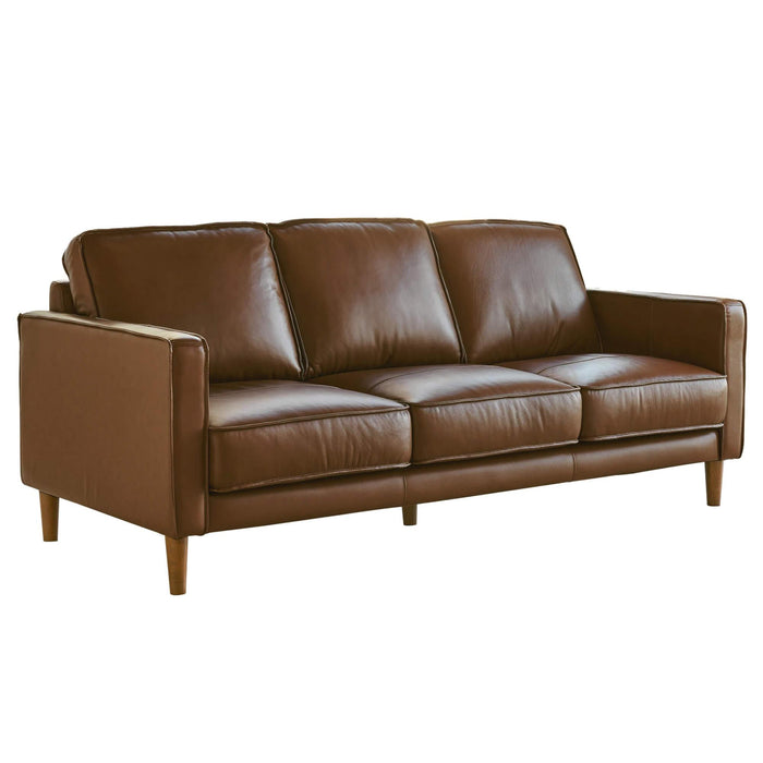 Sunset Trading Prelude 79" Wide Top Grain Leather Sofa | Chestnut Brown | Mid Century Modern 3 Seater Couch