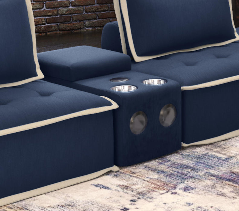 Sunset Trading Pixie Speaker Console | Modular Voice Bluetooth USB Outlets Storage Cupholders | Navy Fabric -  Chapter 11 Furniture (Lewiston, Maine)