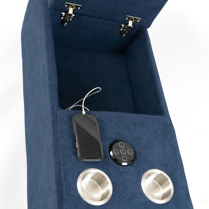 Sunset Trading Pixie Speaker Console | Modular Voice Bluetooth USB Outlets Storage Cupholders | Navy Fabric -  Chapter 11 Furniture (Lewiston, Maine)
