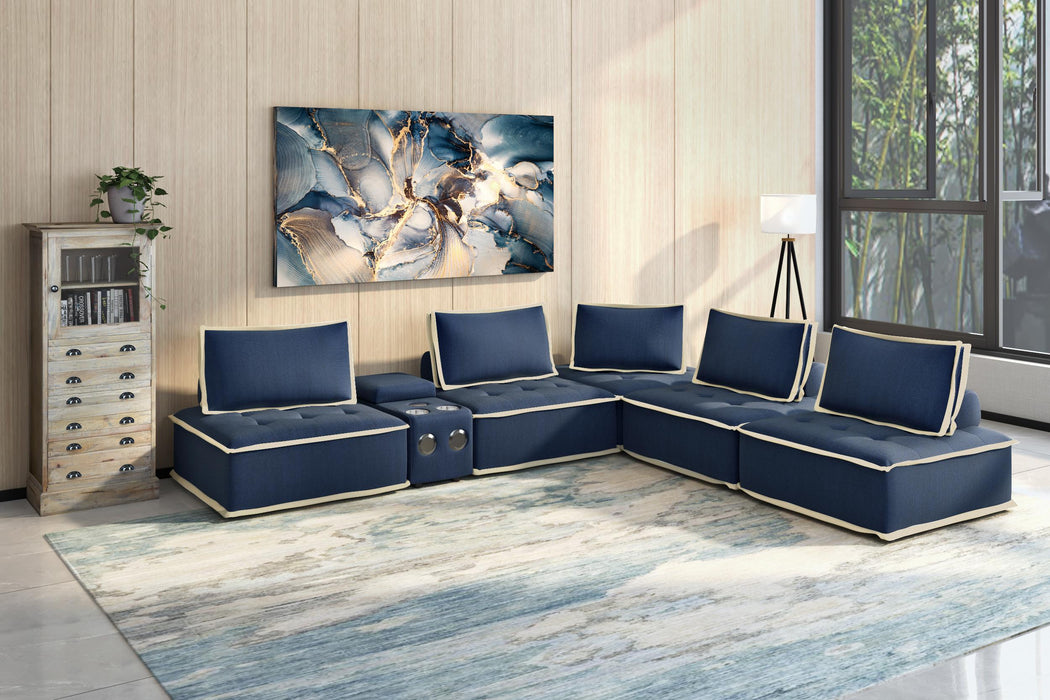 Sunset Trading Pixie Speaker Console | Modular Voice Bluetooth USB Outlets Storage Cupholders | Navy Fabric -  Chapter 11 Furniture (Lewiston, Maine)