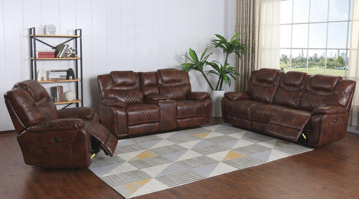 Sunset Trading Diamond Power 3 Piece Reclining Living Room Set | Sofa, Loveseat, Chair | Center Console | Brown Leather Gel -  Chapter 11 Furniture (Lewiston, Maine)