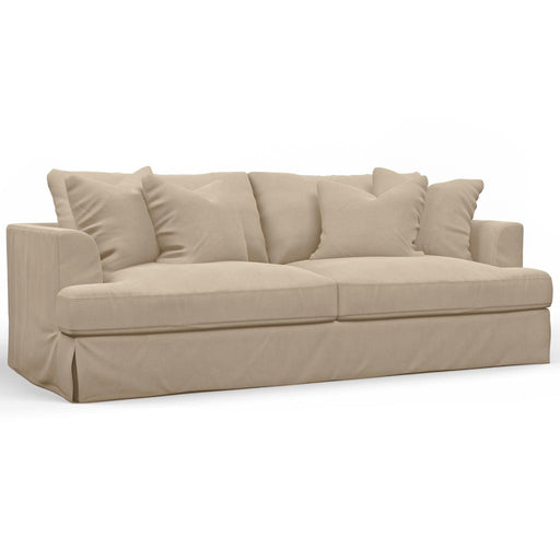 Sunset Trading Newport Slipcovered Recessed Fin Arm 94" Sofa | Stain Resistant Performance Fabric | 4 Throw Pillows | Tan -  Chapter 11 Furniture (Lewiston, Maine)