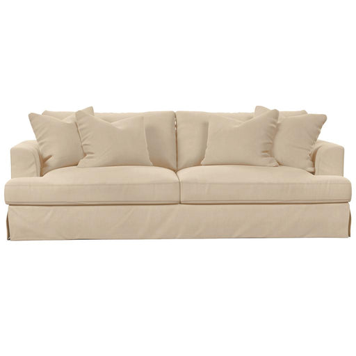 Sunset Trading Newport Slipcovered Recessed Fin Arm 94" Sofa | Stain Resistant Performance Fabric | 4 Throw Pillows | Tan -  Chapter 11 Furniture (Lewiston, Maine)