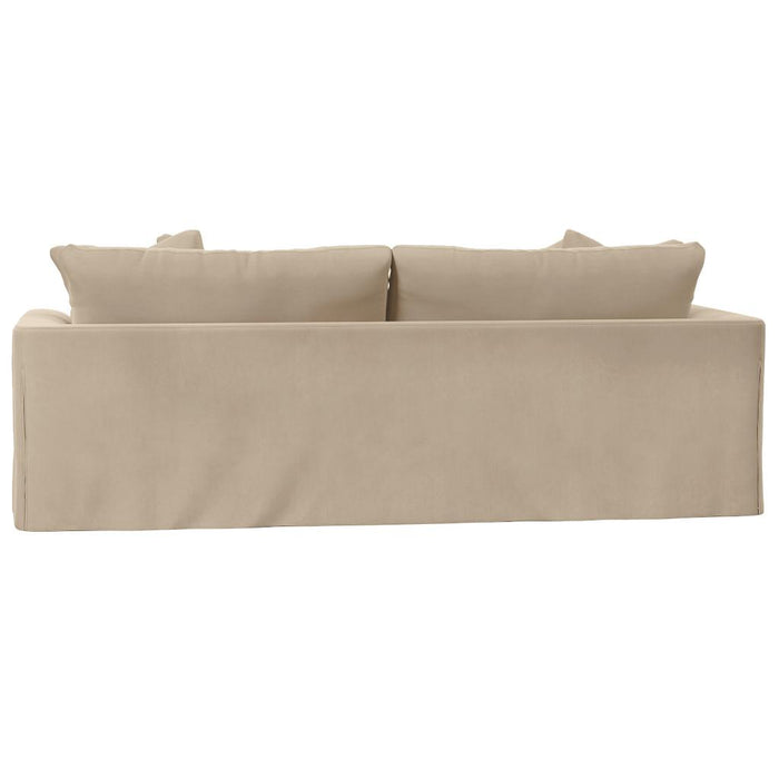 Sunset Trading Newport Slipcovered Recessed Fin Arm 94" Sofa | Stain Resistant Performance Fabric | 4 Throw Pillows | Tan -  Chapter 11 Furniture (Lewiston, Maine)