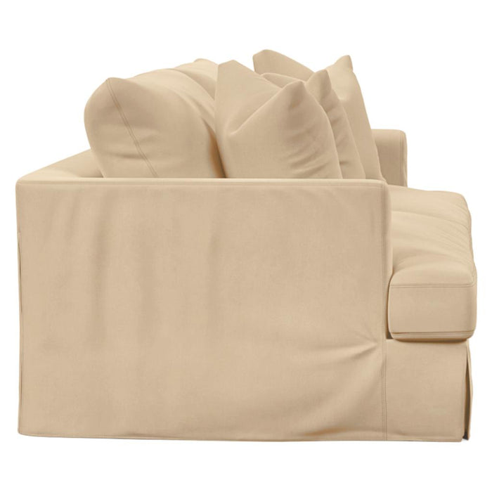 Sunset Trading Newport Slipcovered Recessed Fin Arm 94" Sofa | Stain Resistant Performance Fabric | 4 Throw Pillows | Tan -  Chapter 11 Furniture (Lewiston, Maine)