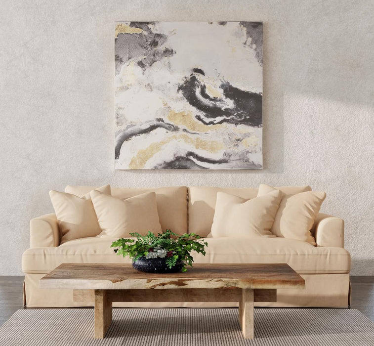 Sunset Trading Newport Slipcovered Recessed Fin Arm 94" Sofa | Stain Resistant Performance Fabric | 4 Throw Pillows | Tan -  Chapter 11 Furniture (Lewiston, Maine)