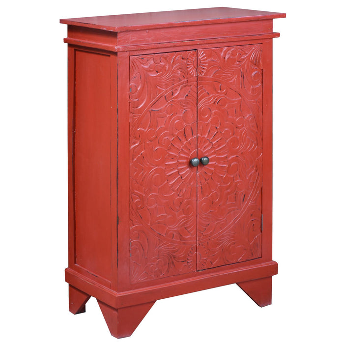 Sunset Trading Cottage Carved Accent Cabinet | Distressed Antique Red Solid Wood | Fully Assembled Hall Table