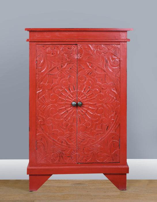 Sunset Trading Cottage Carved Accent Cabinet | Distressed Antique Red Solid Wood | Fully Assembled Hall Table
