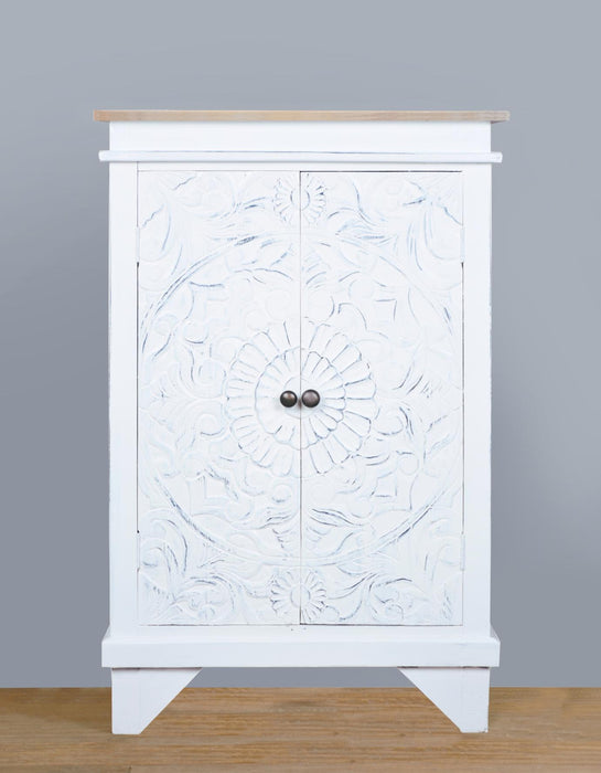 Sunset Trading Cottage Carved Accent Cabinet | Distressed White/Driftwood Brown Solid Wood | Fully Assembled Hall Table