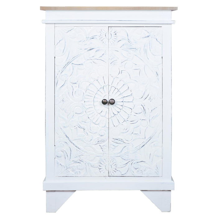 Sunset Trading Cottage Carved Accent Cabinet | Distressed White/Driftwood Brown Solid Wood | Fully Assembled Hall Table
