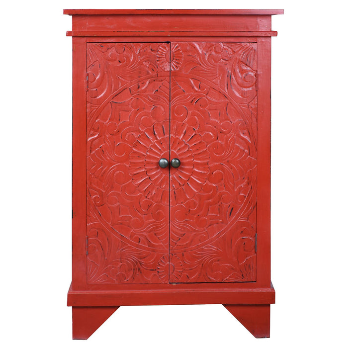 Sunset Trading Cottage Carved Accent Cabinet | Distressed Antique Red Solid Wood | Fully Assembled Hall Table