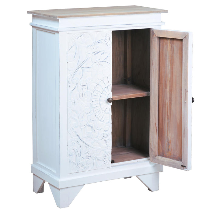 Sunset Trading Cottage Carved Accent Cabinet | Distressed White/Driftwood Brown Solid Wood | Fully Assembled Hall Table
