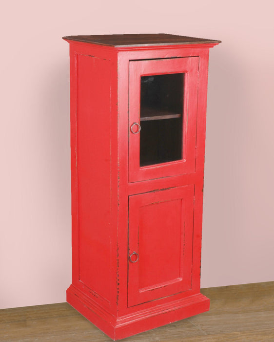Sunset Trading Cottage Glass Door Storage Cabinet | Distressed Red/Raftwood Brown Solid Wood | Fully Assembled Display Table