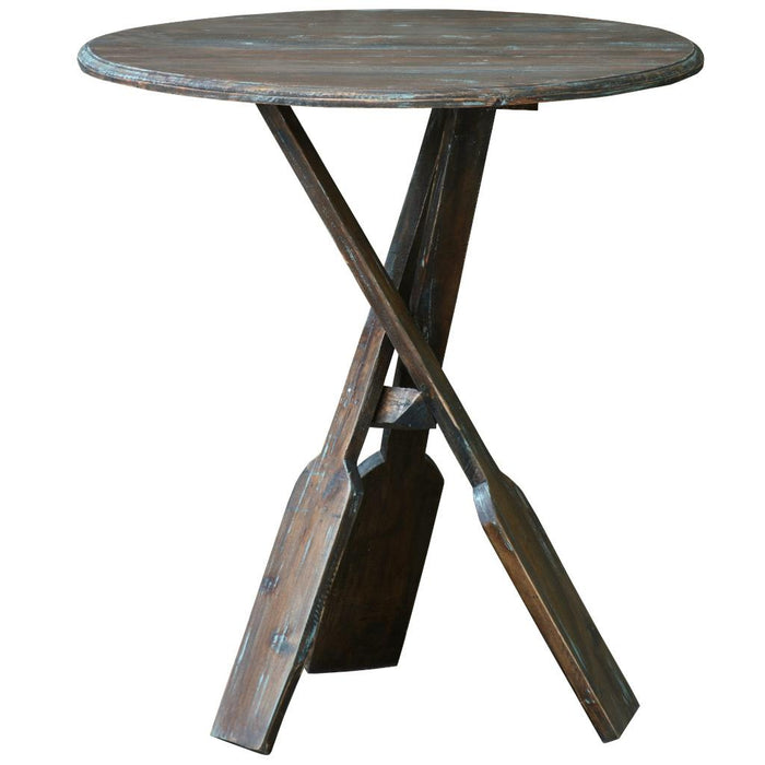 Sunset Trading Cottage Round Boat Oar Accent Table | Distressed Brown/Blue Solid Wood | Fully Assembled Nautical Stand
