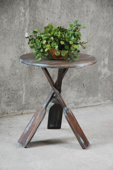 Sunset Trading Cottage Round Boat Oar Accent Table | Distressed Brown/Blue Solid Wood | Fully Assembled Nautical Stand