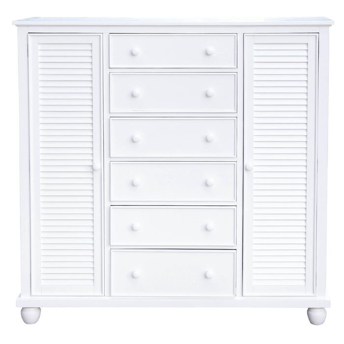 Sunset Trading White Shutter Wood 5 Piece Queen Bedroom Set | 3 Drawer Nightstand | 6 Drawer Dresser Mirror | Tall Dresser