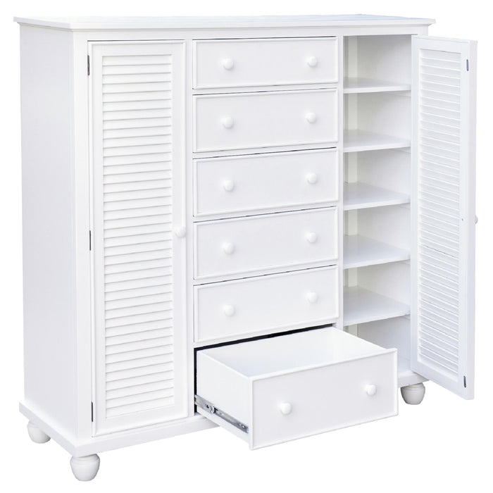 Sunset Trading White Shutter Wood 5 Piece King Bedroom Set | Fully Assembled Armoire Dresser Mirror 3 Drawer Nightstand