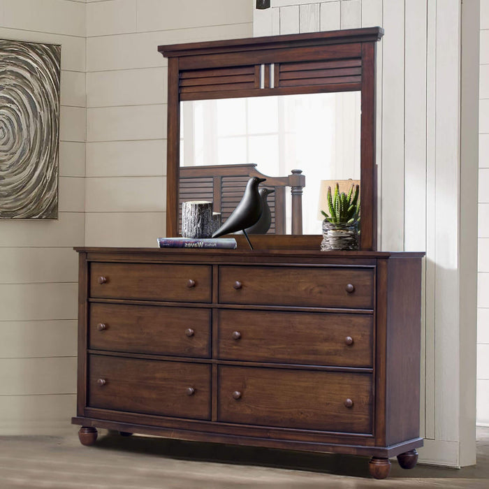 Sunset Trading Bahama Shutter Wood 6 Drawer Double Dresser with Mirror | Tropical Walnut Brown