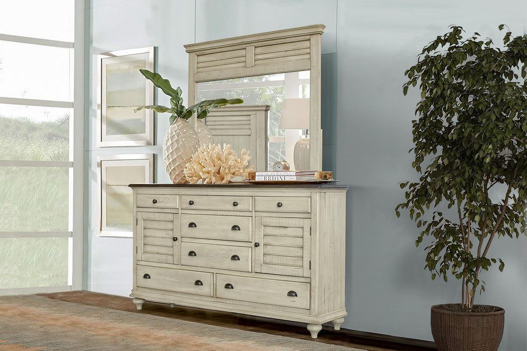 Sunset Trading Shades of Sand Dresser with Shutter Mirror | Cream/Walnut Brown Solid Wood