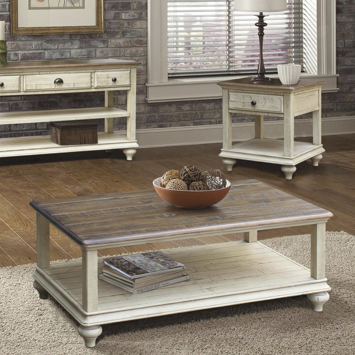 Sunset Trading Shades of Sand Cocktail Table | Storage Shelf | Cream Puff and Walnut Brown Solid Wood