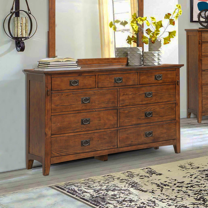 Sunset Trading Mission Bay 9 Drawer Double Bedroom Dresser | Amish Brown Solid Wood | Fully Assembled Furniture