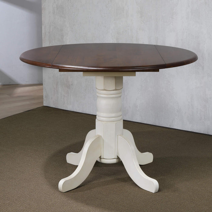 Sunset Trading Andrews 42" Round Extendable Drop Leaf Dining Table | Antique White and Chestnut Brown | Seats 4