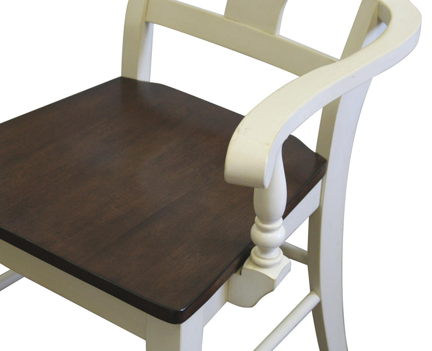 Sunset Trading Andrews Napoleon Barstool with Arms | Antique White with Chestnut Brown Seat | Counter Height Stool | Set of 2