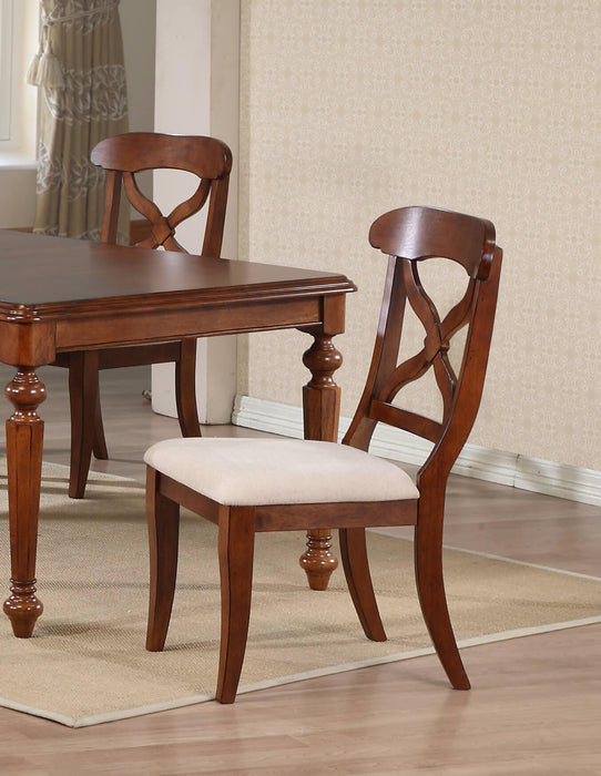 Sunset Trading Andrews Cross Back Upholstered Dining Side Chair | Chestnut Brown Solid Wood | Set of 2