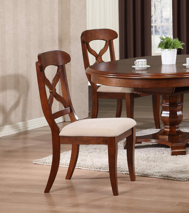 Sunset Trading Andrews Cross Back Upholstered Dining Side Chair | Chestnut Brown Solid Wood | Set of 2