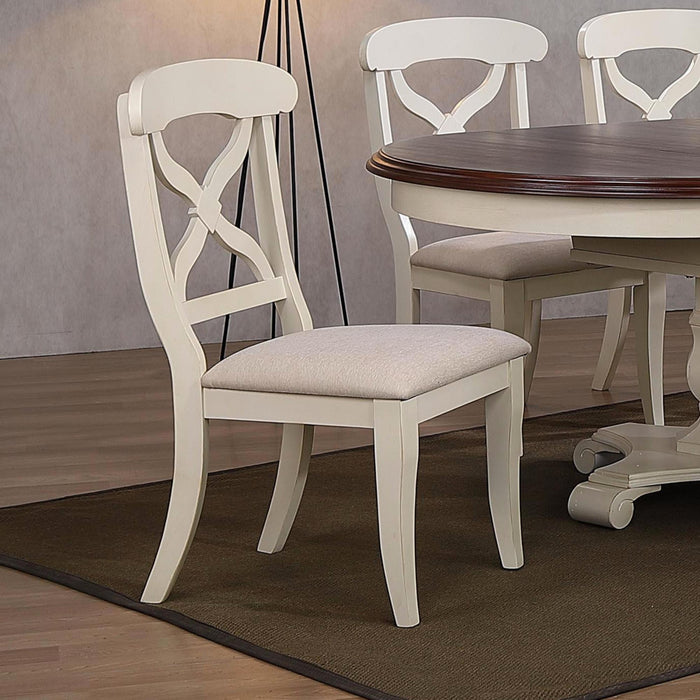 Sunset Trading Andrews Cross Back Upholstered Dining Side Chair | Antique White Solid Wood | Set of 2