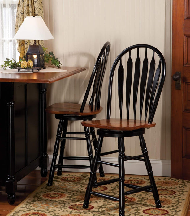 Sunset Trading Antique Black Expandable Kitchen Island with 2 Swivel Stools | Cherry Drop Leaf Top | Drawers and Cabinet