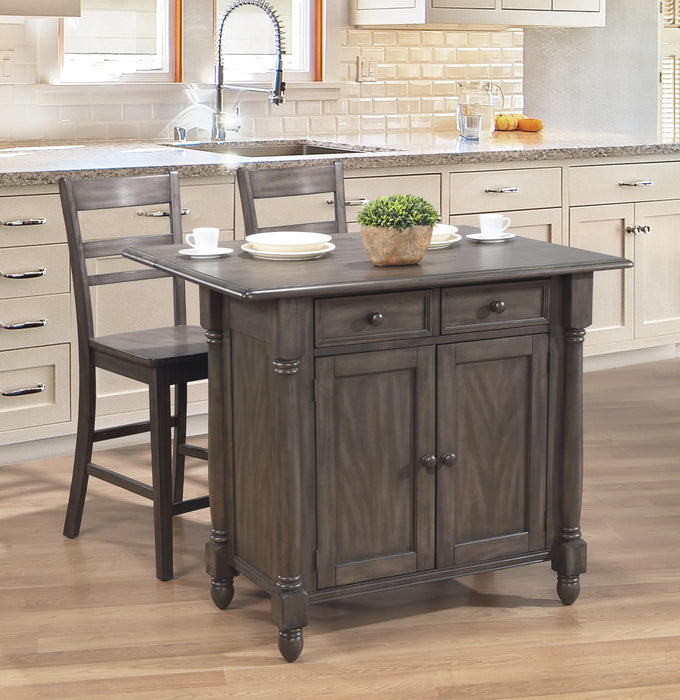 Sunset Trading Shades of Gray Expandable Drop Leaf Kitchen Island Set with 2 Stools | Drawers and Cabinet