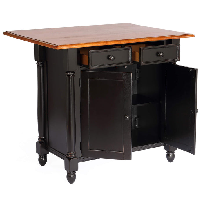 Sunset Trading Antique Black Expandable Kitchen Island with 2 Swivel Stools | Cherry Drop Leaf Top | Drawers and Cabinet