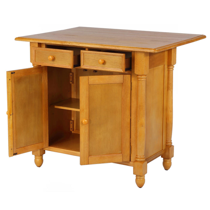 Sunset Trading Light Oak Expandable Drop Leaf Kitchen Island with 2 Swivel Stools | Breakfast Bar | Drawers and Cabinet