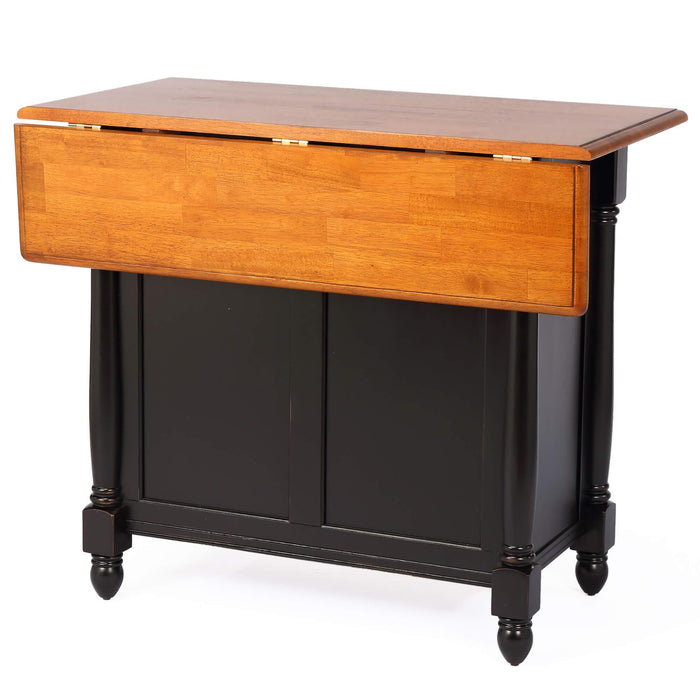 Sunset Trading Antique Black Expandable Kitchen Island with 2 Swivel Stools | Cherry Drop Leaf Top | Drawers and Cabinet