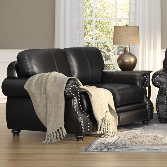 Sunset Trading Charleston 63" Wide Top Grain Leather Loveseat | Black Rolled Arm Small Couch with Nailheads