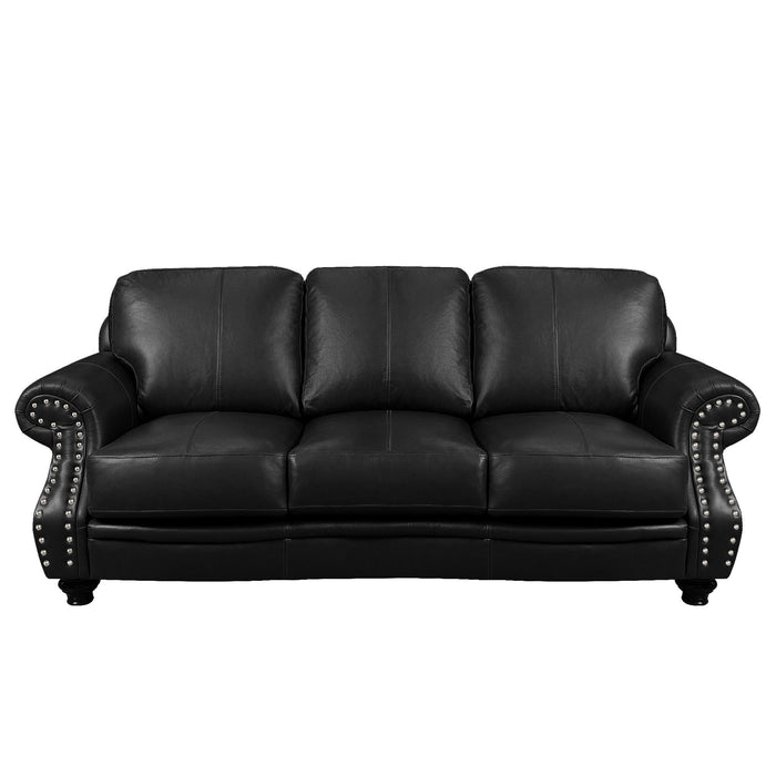 Sunset Trading Charleston 86" Wide Top Grain Leather Sofa | Black 3 Seater Rolled Arm Couch with Nailheads
