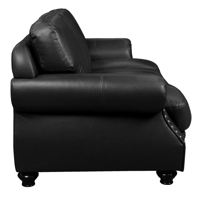 Sunset Trading Charleston 86" Wide Top Grain Leather Sofa | Black 3 Seater Rolled Arm Couch with Nailheads