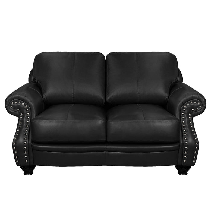 Sunset Trading Charleston 63" Wide Top Grain Leather Loveseat | Black Rolled Arm Small Couch with Nailheads