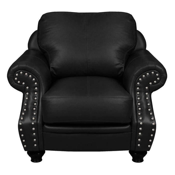Sunset Trading Charleston 3 Piece Top Grain Leather Living Room Set | Black Rolled Arm Sofa Loveseat and Chair with Nailheads