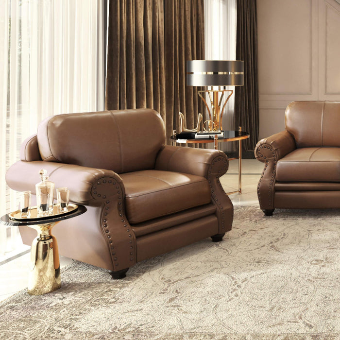 Sunset Trading Charleston 42" Wide Top Grain Leather Armchair | Chestnut Brown Rolled Arm Accent Chair with Nailheads