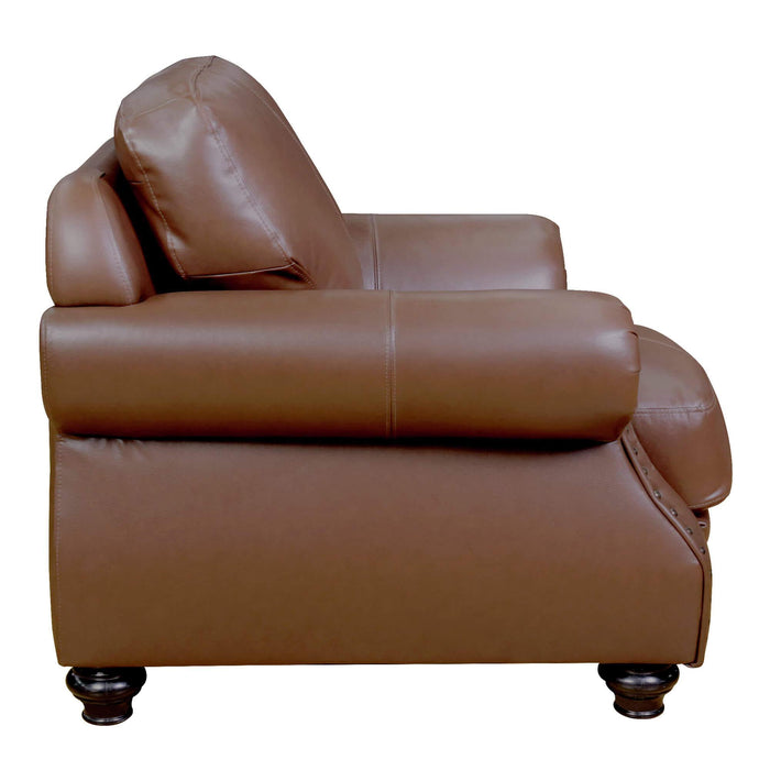 Sunset Trading Charleston 42" Wide Top Grain Leather Armchair | Chestnut Brown Rolled Arm Accent Chair with Nailheads