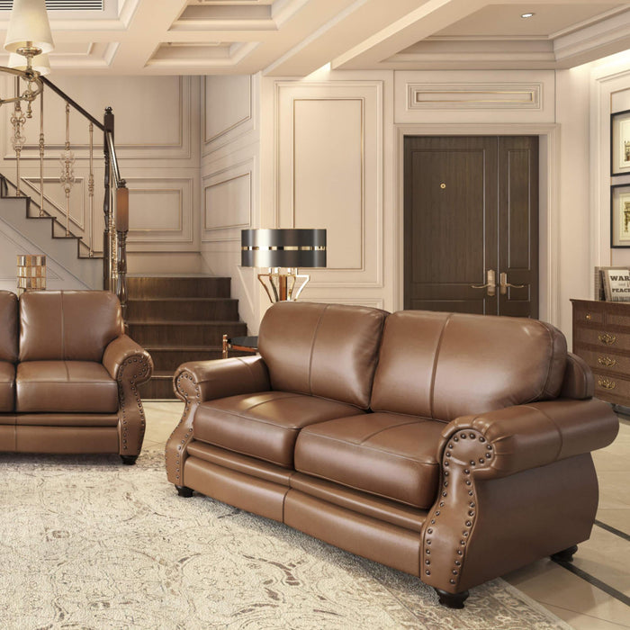 Sunset Trading Charleston 63" Wide Top Grain Leather Loveseat | Chestnut Brown Rolled Arm Small Couch with Nailheads